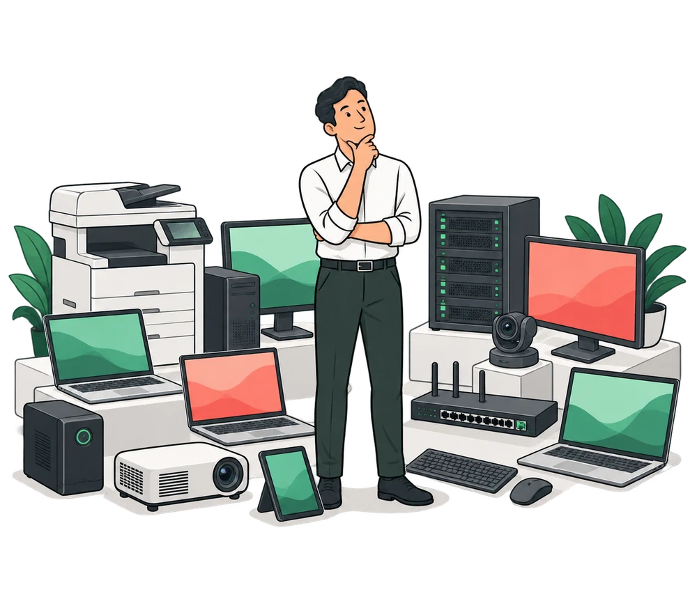 A thoughtful professional comparing laptops, monitors, a printer, servers and other workplace IT equipment