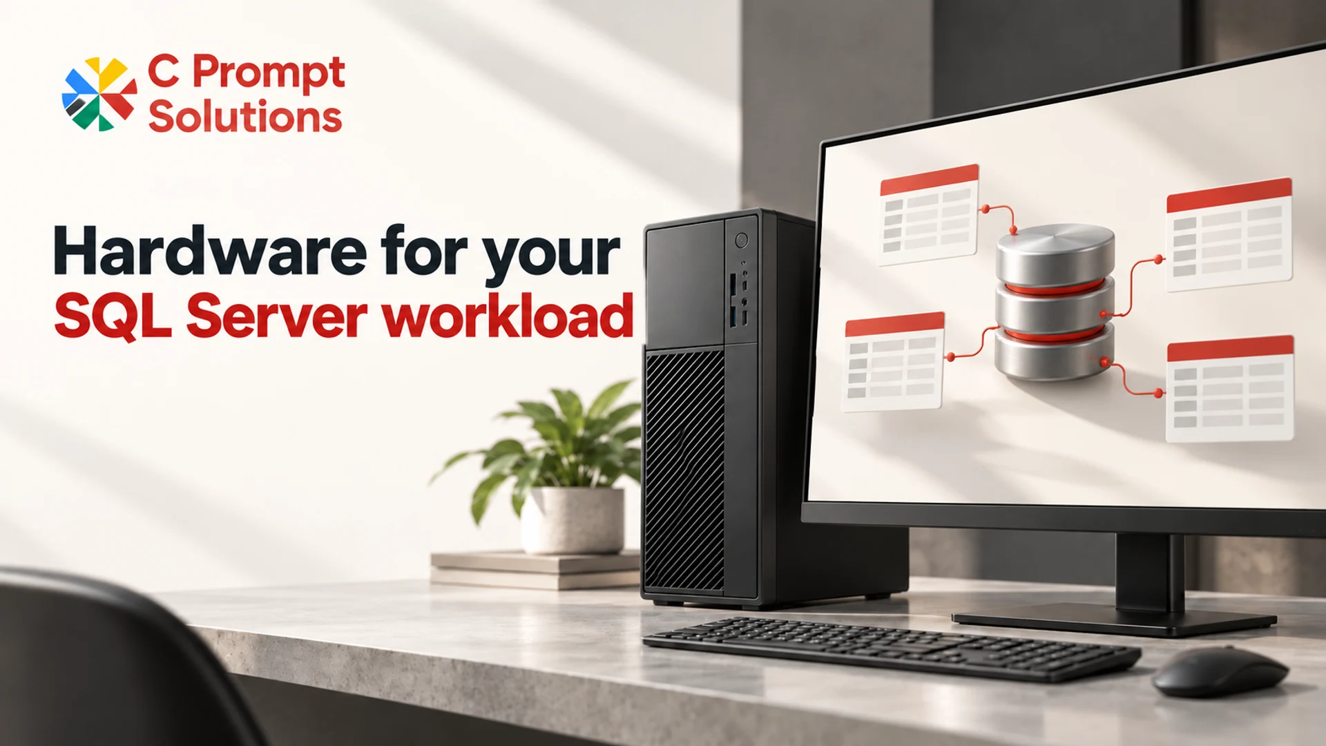 Server tower and monitor showing an illustrative database and connected tables.
