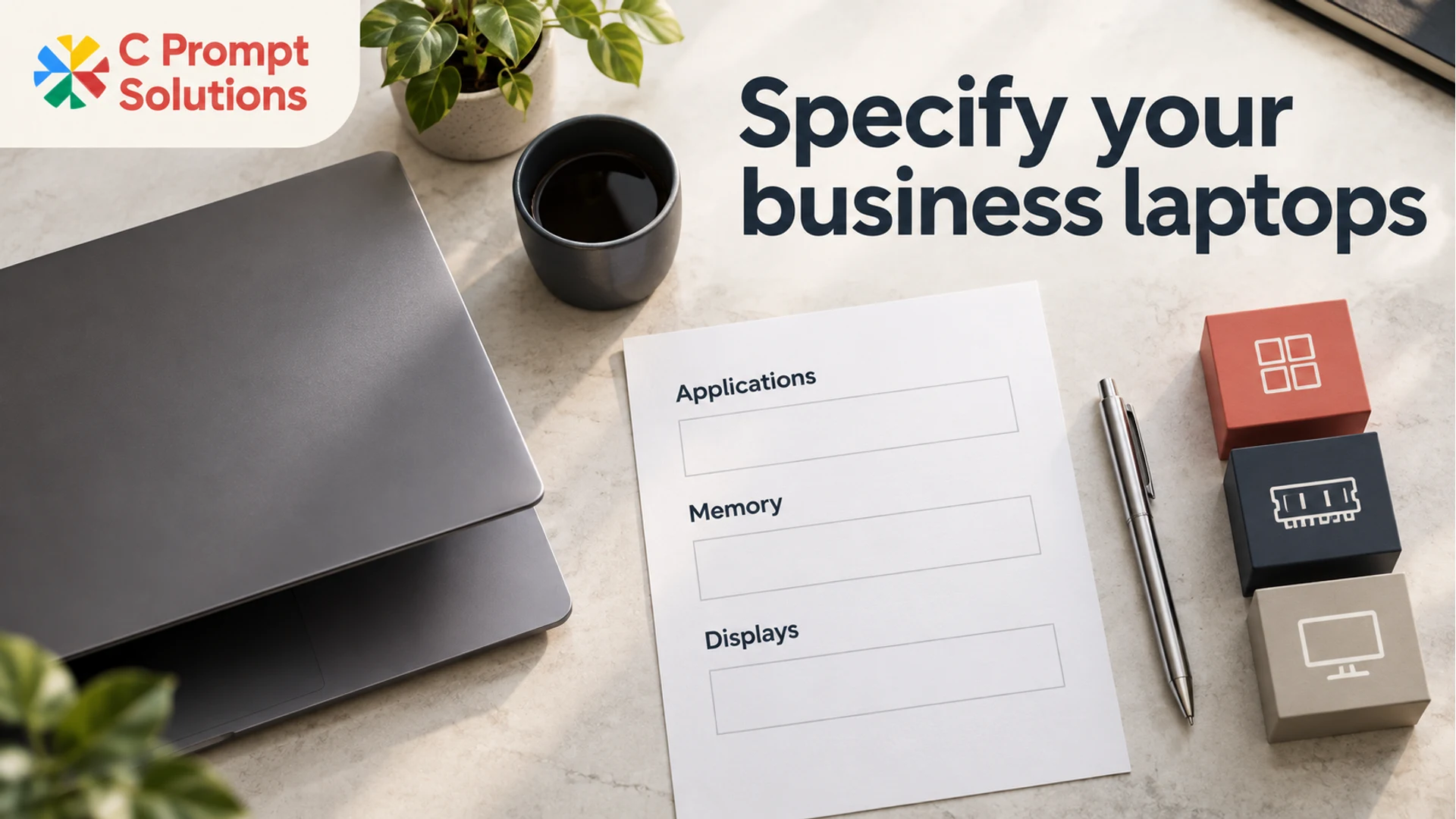 Business laptop requirements sheet beside a laptop and component models on a planning desk.