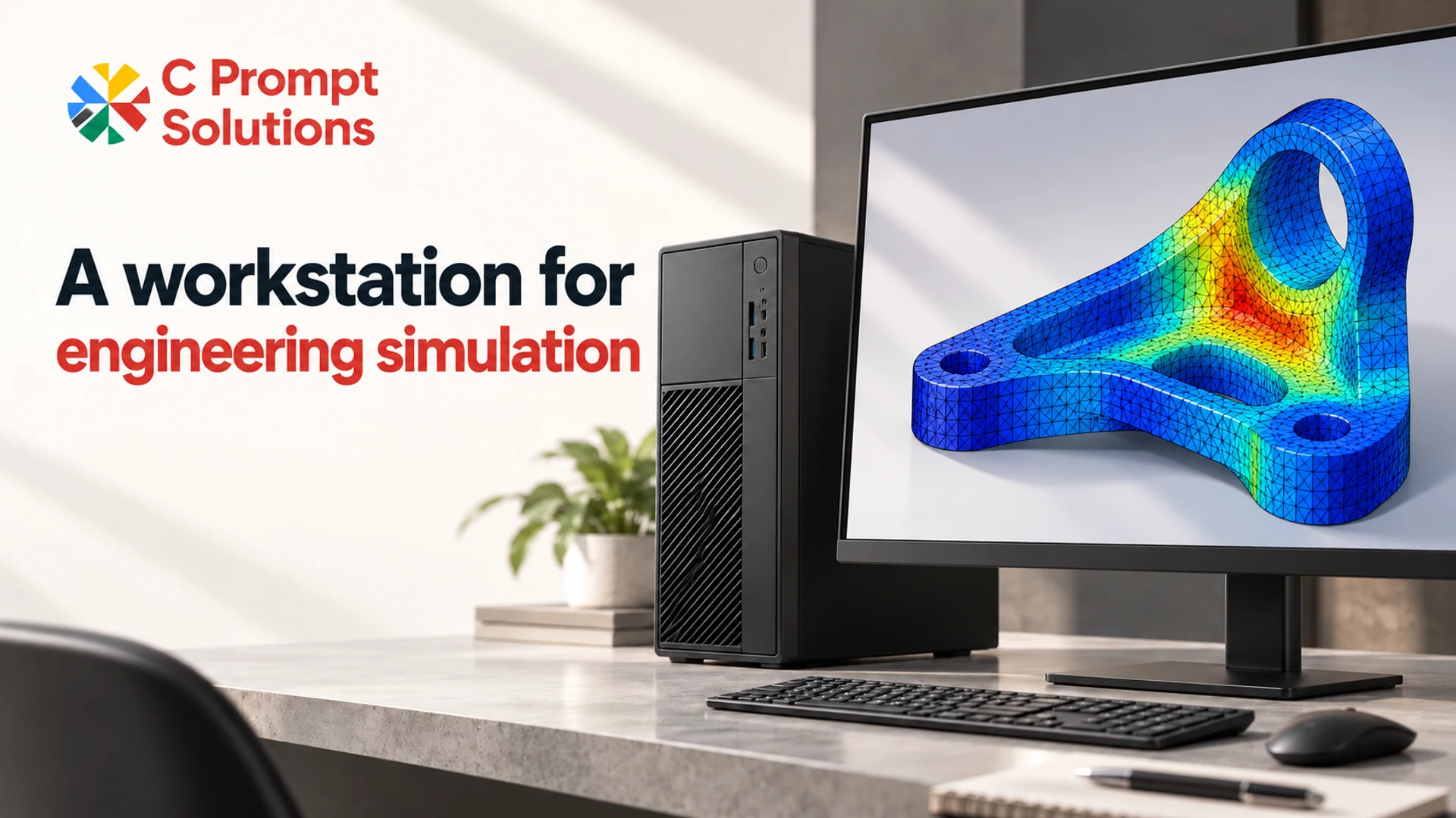 Workstation and monitor displaying an illustrative engineering simulation mesh.