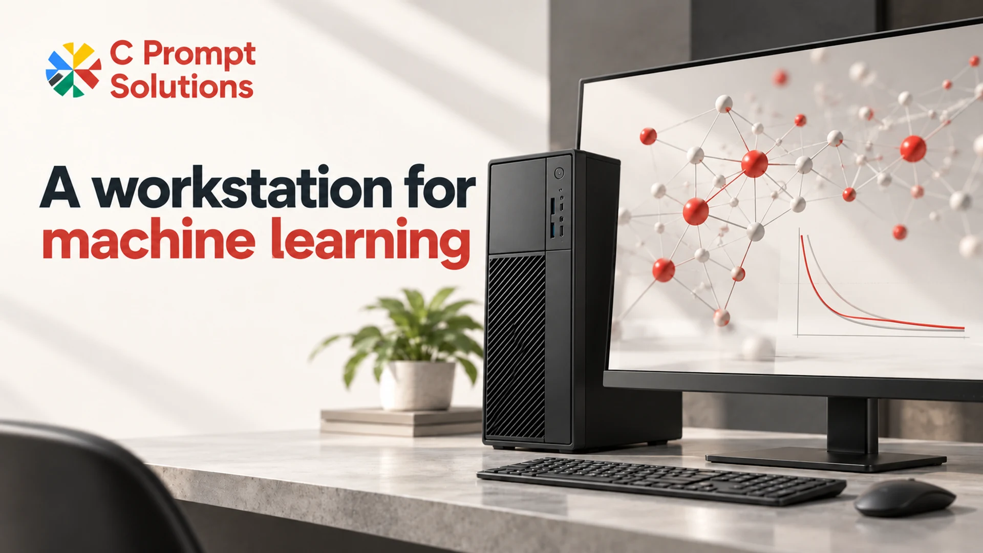Workstation and monitor showing an abstract machine learning network and training curve.