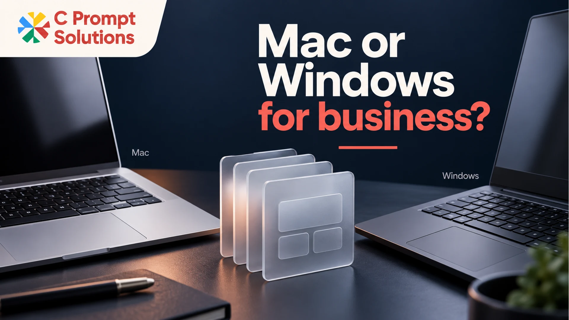 Two business laptops with abstract application panels representing Mac and Windows compatibility decisions.