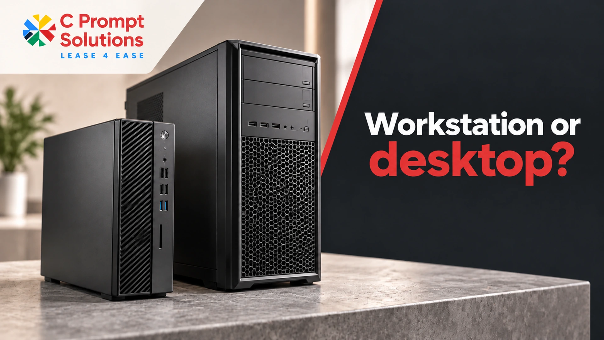 Compact business desktop and larger workstation tower in a studio comparison.