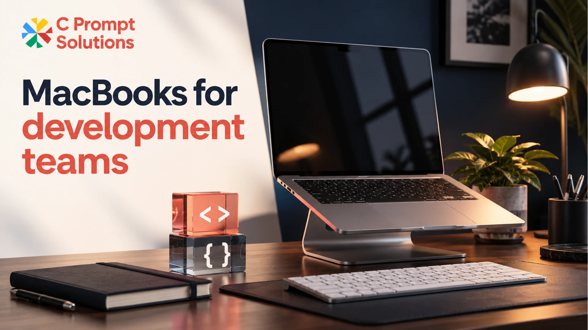 MacBook development workspace with a laptop stand and sculptural code symbols.
