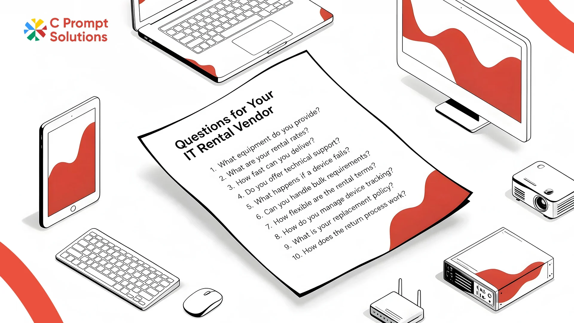 Ten vendor shortlist questions surrounded by laptops, a monitor, tablet and other IT equipment