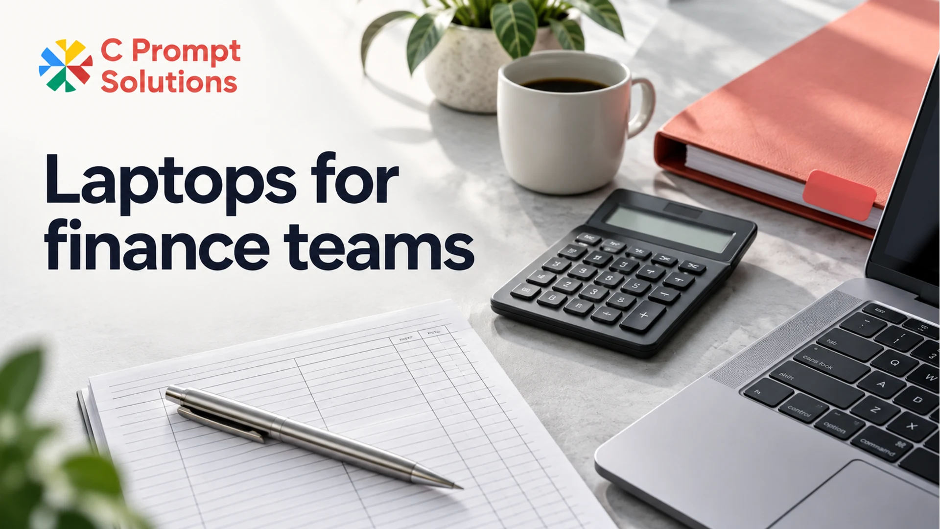 Finance team workspace with a laptop, calculator and blank ledger.