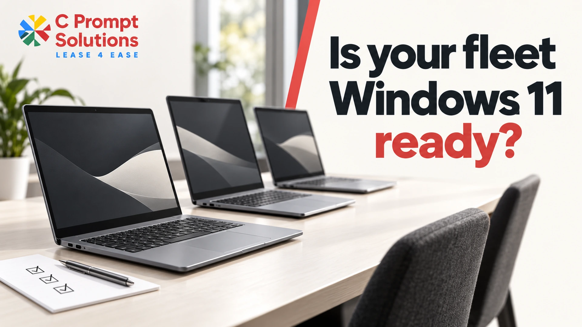 Three business laptops beside a readiness checklist.