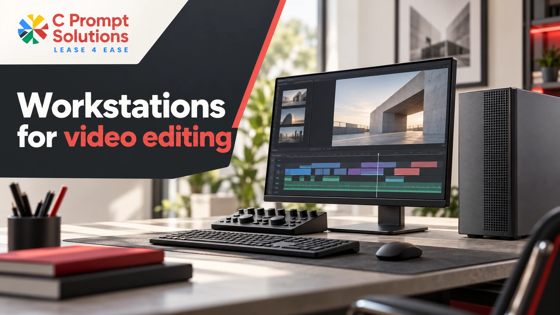 Video editing desk with workstation, control surface and an illustrative timeline.