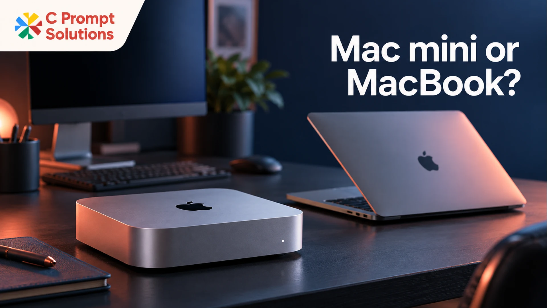 Mac mini desktop setup beside a MacBook in a dark studio workspace.