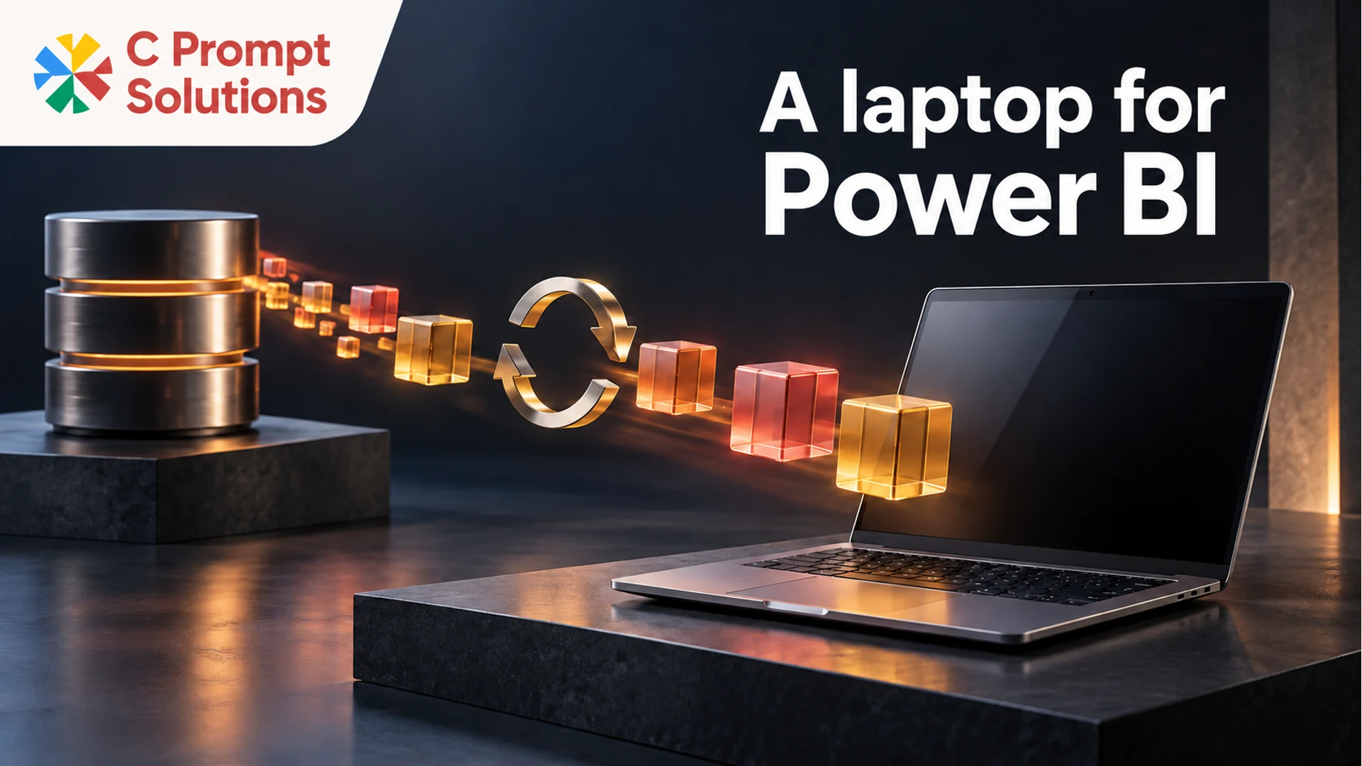 Laptop beside sculptural database, data blocks and refresh symbols for Power BI workloads.