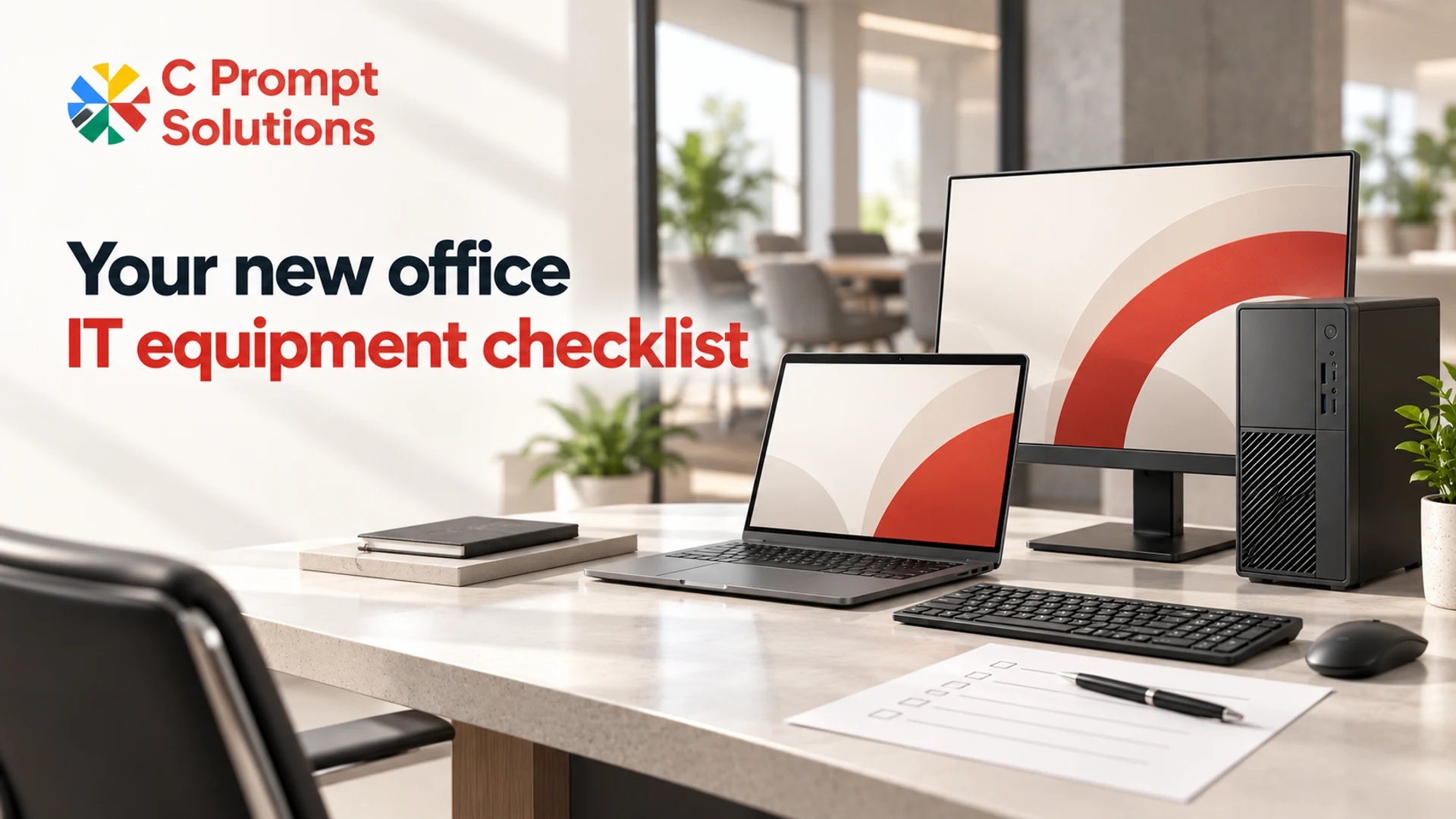 New office desk with laptop, desktop, monitor and an equipment planning checklist.