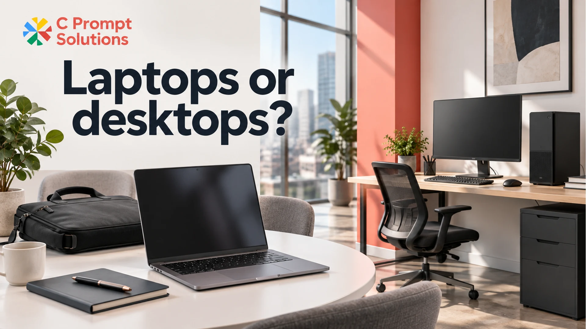 Laptop meeting area and desktop workstation in a bright office.