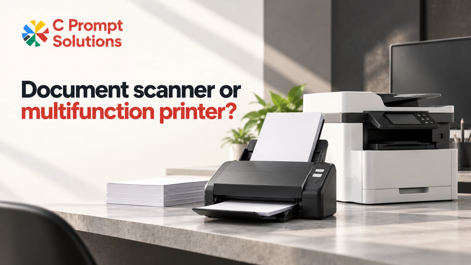 Dedicated document scanner beside an office multifunction printer and paper stack.